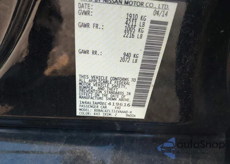 2014 Nissan Altima 2.5 Sl from USA, damaged, VIN 1N4AL3AP0EC419616